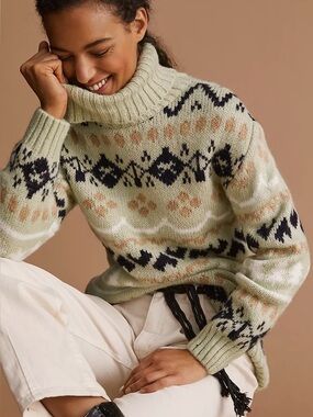 By Anthropologie Fair Isle Turtleneck Sweater Mint Green Oversized Tunic
